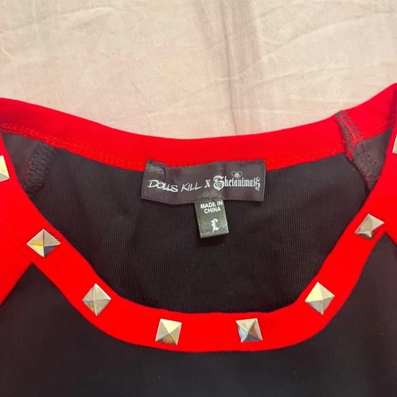 Dolls Kill x Skelanimals Red and Black Long Sleeve Graphic Top - Picture 2 of 4